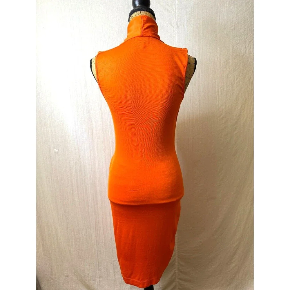 Just Cavalli Orange Bodycon Midi Dress L Sleeveless Plunge Neck Italy Stretch